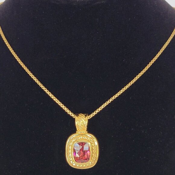 David Yurman Albion 18K Yellow Gold Pink Tourmaline Pendant & Box Chain Necklace - Picture 2 of 15